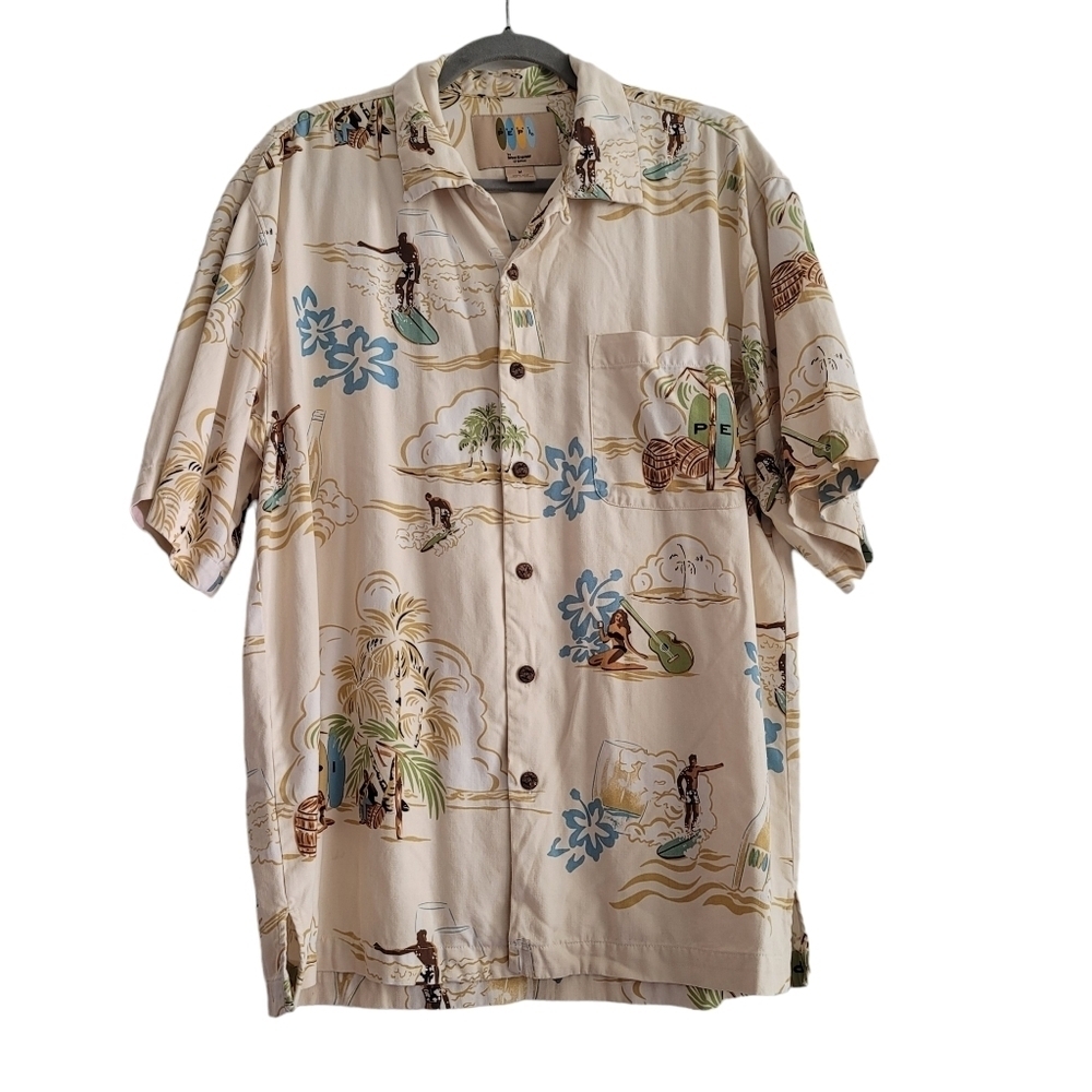 Robert Pepi Men Medium 100% Silk Hawaiian Surfer Tropical Button Up Shirt Cream
